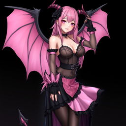 A realistic sexy submissive gothic anime succubus girl, featuring stunning wings, slender thin horns, and a playful tail