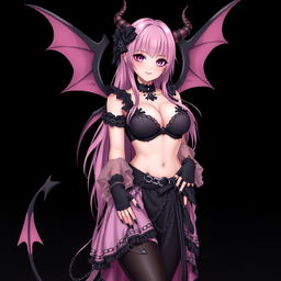 A realistic sexy submissive gothic anime succubus girl, featuring stunning wings, slender thin horns, and a playful tail