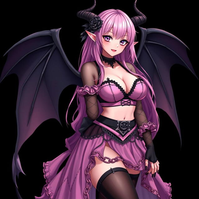 A realistic sexy submissive gothic anime succubus girl, featuring stunning wings, slender thin horns, and a playful tail