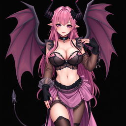 A realistic sexy submissive gothic anime succubus girl, featuring stunning wings, slender thin horns, and a playful tail