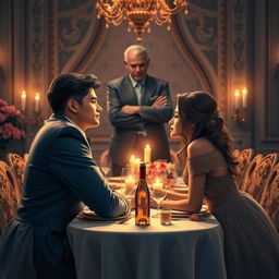 A poignant romantic scene from a love story about an arranged marriage, depicting a couple who are deeply in love, yet separated by their stern father-in-law