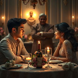 A poignant romantic scene from a love story about an arranged marriage, depicting a couple who are deeply in love, yet separated by their stern father-in-law