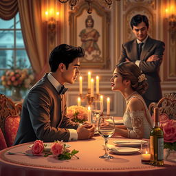 A poignant romantic scene from a love story about an arranged marriage, depicting a couple who are deeply in love, yet separated by their stern father-in-law