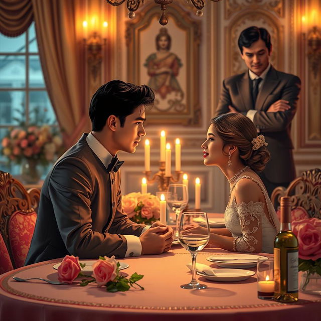 A poignant romantic scene from a love story about an arranged marriage, depicting a couple who are deeply in love, yet separated by their stern father-in-law