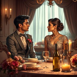 A poignant romantic scene from a love story about an arranged marriage, depicting a couple who are deeply in love, yet separated by their stern father-in-law