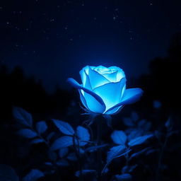 A luminous blue rose glowing softly under a starry night sky, the petals shimmering with an ethereal light, surrounded by gentle, dark foliage