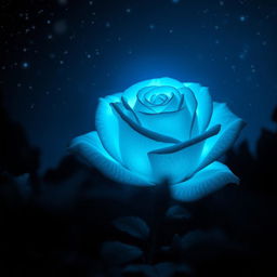 A luminous blue rose glowing softly under a starry night sky, the petals shimmering with an ethereal light, surrounded by gentle, dark foliage