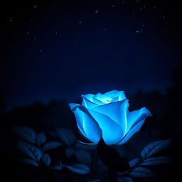 A luminous blue rose glowing softly under a starry night sky, the petals shimmering with an ethereal light, surrounded by gentle, dark foliage