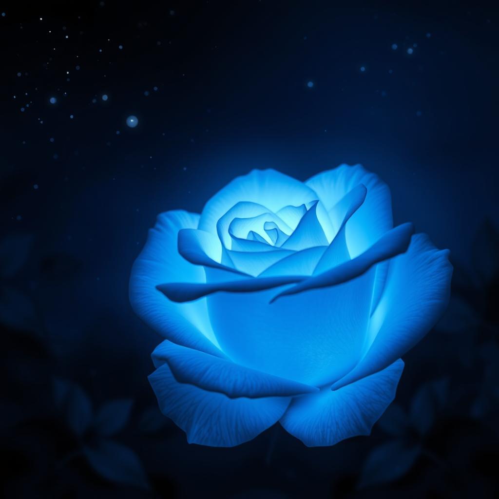 A luminous blue rose glowing softly under a starry night sky, the petals shimmering with an ethereal light, surrounded by gentle, dark foliage