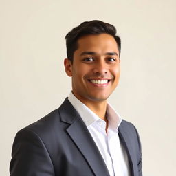 A professional headshot for a photo check, featuring a well-groomed individual with a friendly smile