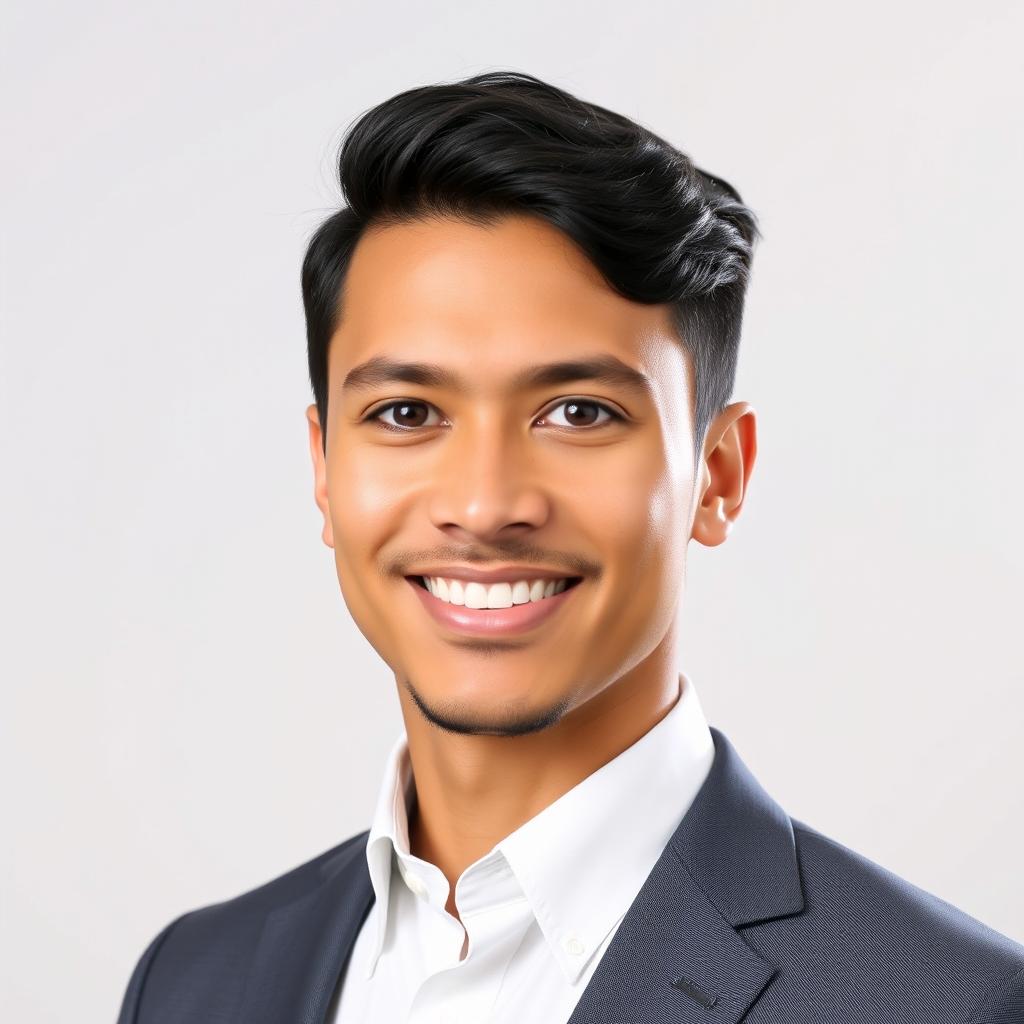 A professional headshot for a photo check, featuring a well-groomed individual with a friendly smile