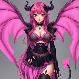 A realistic sexy submissive gothic anime succubus girl, showcasing her stunning wings, slender thin horns, and playful tail