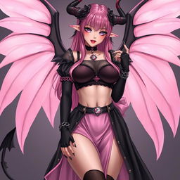 A realistic sexy submissive gothic anime succubus girl, showcasing her stunning wings, slender thin horns, and playful tail
