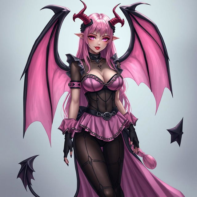 A realistic sexy submissive gothic anime succubus girl, showcasing her stunning wings, slender thin horns, and playful tail