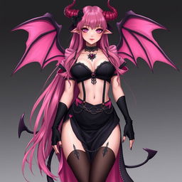 A realistic sexy submissive gothic anime succubus girl, showcasing her stunning wings, slender thin horns, and playful tail