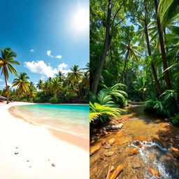 A beautifully serene blend of two landscapes: on the left, a tranquil tropical beach with soft white sands, crystal-clear turquoise waters, and swaying palm trees under a bright blue sky
