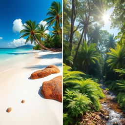 A beautifully serene blend of two landscapes: on the left, a tranquil tropical beach with soft white sands, crystal-clear turquoise waters, and swaying palm trees under a bright blue sky