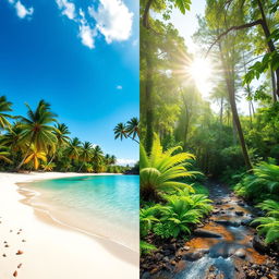 A beautifully serene blend of two landscapes: on the left, a tranquil tropical beach with soft white sands, crystal-clear turquoise waters, and swaying palm trees under a bright blue sky