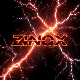 A stunning visualization of the name 'ZINOX 5D' prominently displayed in a bold, futuristic font, surrounded by an abundant array of vivid, visually striking lightnings crackling across a deep black background