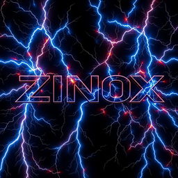 A stunning visualization of the name 'ZINOX 5D' prominently displayed in a bold, futuristic font, surrounded by an abundant array of vivid, visually striking lightnings crackling across a deep black background