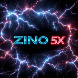 A stunning visualization of the name 'ZINOX 5D' prominently displayed in a bold, futuristic font, surrounded by an abundant array of vivid, visually striking lightnings crackling across a deep black background
