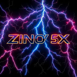 A stunning visualization of the name 'ZINOX 5D' prominently displayed in a bold, futuristic font, surrounded by an abundant array of vivid, visually striking lightnings crackling across a deep black background