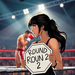 A modern and realistic illustration of a ring girl standing at the edge of a boxing ring, holding an octagonal sign that reads 'Round 2'
