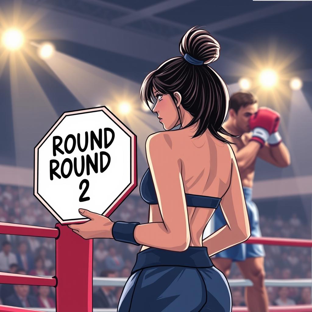 A modern and realistic illustration of a ring girl standing at the edge of a boxing ring, holding an octagonal sign that reads 'Round 2'