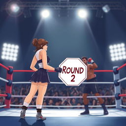 A modern and realistic illustration of a ring girl standing at the edge of a boxing ring, holding an octagonal sign that reads 'Round 2'
