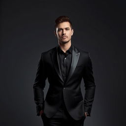 A stylish and elegant portrait of a confident man wearing a sleek black suit against a smooth, monochrome background