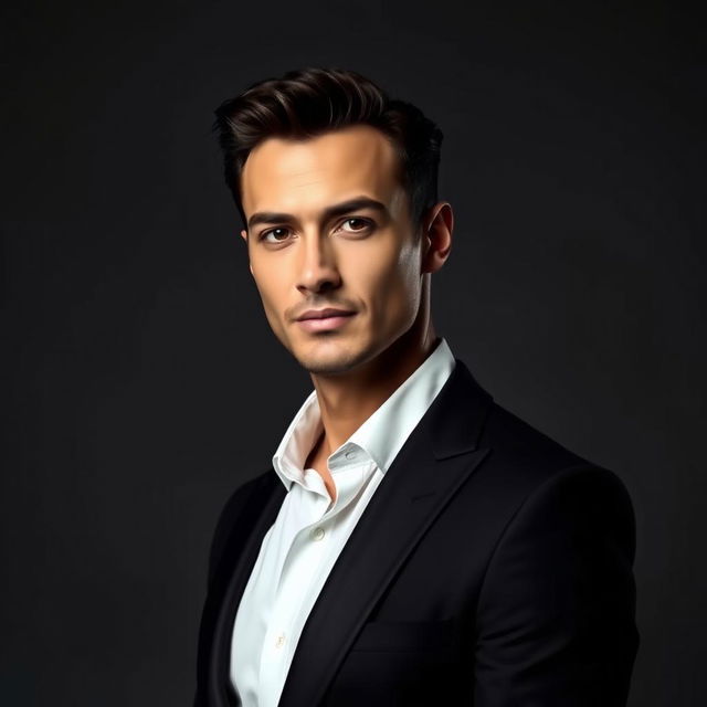 A stylish and elegant portrait of a confident man wearing a sleek black suit against a smooth, monochrome background