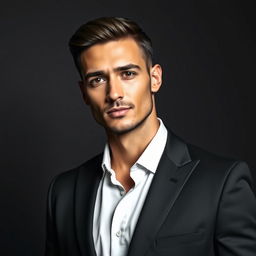 A stylish and elegant portrait of a confident man wearing a sleek black suit against a smooth, monochrome background