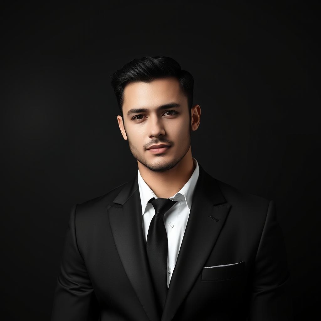A stylish and elegant portrait of a confident man wearing a sleek black suit against a smooth, monochrome background