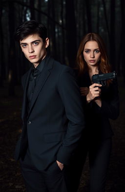 In a dark forest, a young man with black hair and blue eyes is wearing a sleek black suit, casually standing with his hands in his pockets