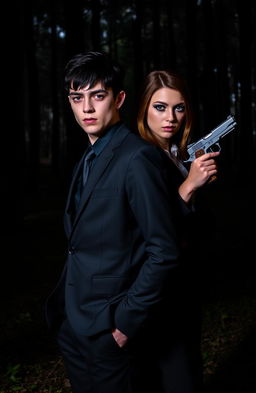 In a dark forest, a young man with black hair and blue eyes is wearing a sleek black suit, casually standing with his hands in his pockets