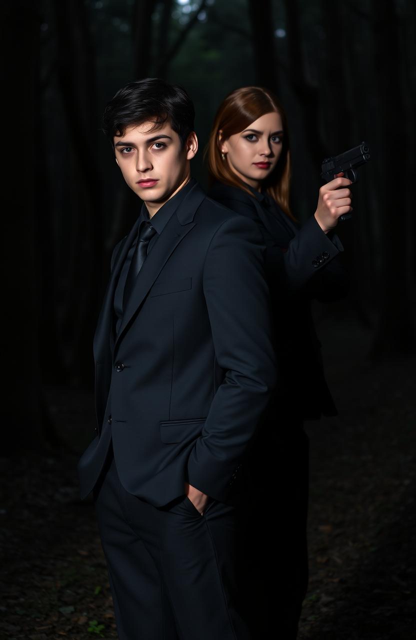 In a dark forest, a young man with black hair and blue eyes is wearing a sleek black suit, casually standing with his hands in his pockets