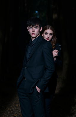 In a dark forest, a young man with black hair and blue eyes is wearing a sleek black suit, casually standing with his hands in his pockets