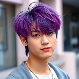 A stylish young Asian male with a trendy BTS-inspired hairstyle, featuring vibrant dyed hair in shades of purple and blue, with a slightly messy, textured finish
