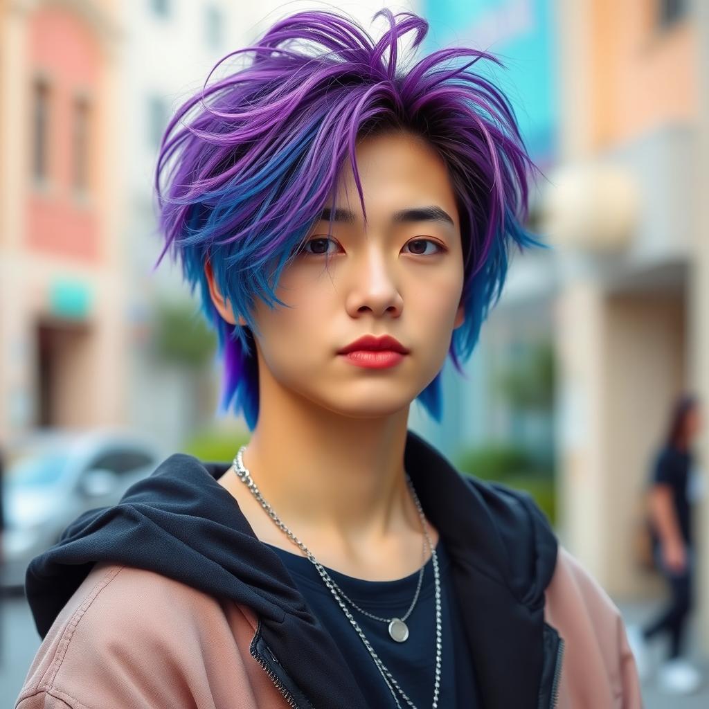 A stylish young Asian male with a trendy BTS-inspired hairstyle, featuring vibrant dyed hair in shades of purple and blue, with a slightly messy, textured finish