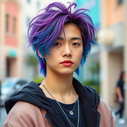 A stylish young Asian male with a trendy BTS-inspired hairstyle, featuring vibrant dyed hair in shades of purple and blue, with a slightly messy, textured finish
