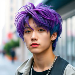 A stylish young Asian male with a trendy BTS-inspired hairstyle, featuring vibrant dyed hair in shades of purple and blue, with a slightly messy, textured finish