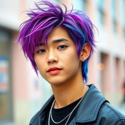A stylish young Asian male with a trendy BTS-inspired hairstyle, featuring vibrant dyed hair in shades of purple and blue, with a slightly messy, textured finish