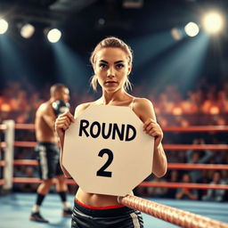 A modern and realistic image of a ring girl standing at the edge of a boxing ring, holding an octagonal sign that reads 'Round 2'
