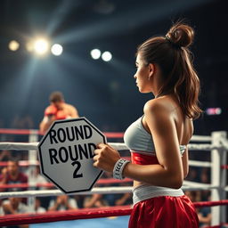 A modern and realistic image of a ring girl standing at the edge of a boxing ring, holding an octagonal sign that reads 'Round 2'