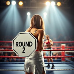 A modern and realistic image of a ring girl standing at the edge of a boxing ring, holding an octagonal sign that reads 'Round 2'