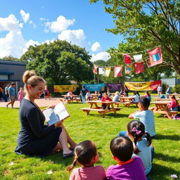 A vibrant and engaging landscape scene set in a schoolyard during 'English Month', featuring teachers and students participating in various English-themed activities
