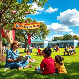 A vibrant and engaging landscape scene set in a schoolyard during 'English Month', featuring teachers and students participating in various English-themed activities