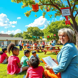 A vibrant and engaging landscape scene set in a schoolyard during 'English Month', featuring teachers and students participating in various English-themed activities