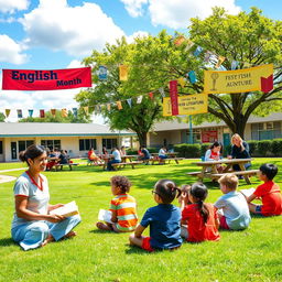 A vibrant and engaging landscape scene set in a schoolyard during 'English Month', featuring teachers and students participating in various English-themed activities