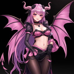 A realistic sexy submissive gothic anime succubus girl with enchanting wings, slender thin horns, and a playful tail